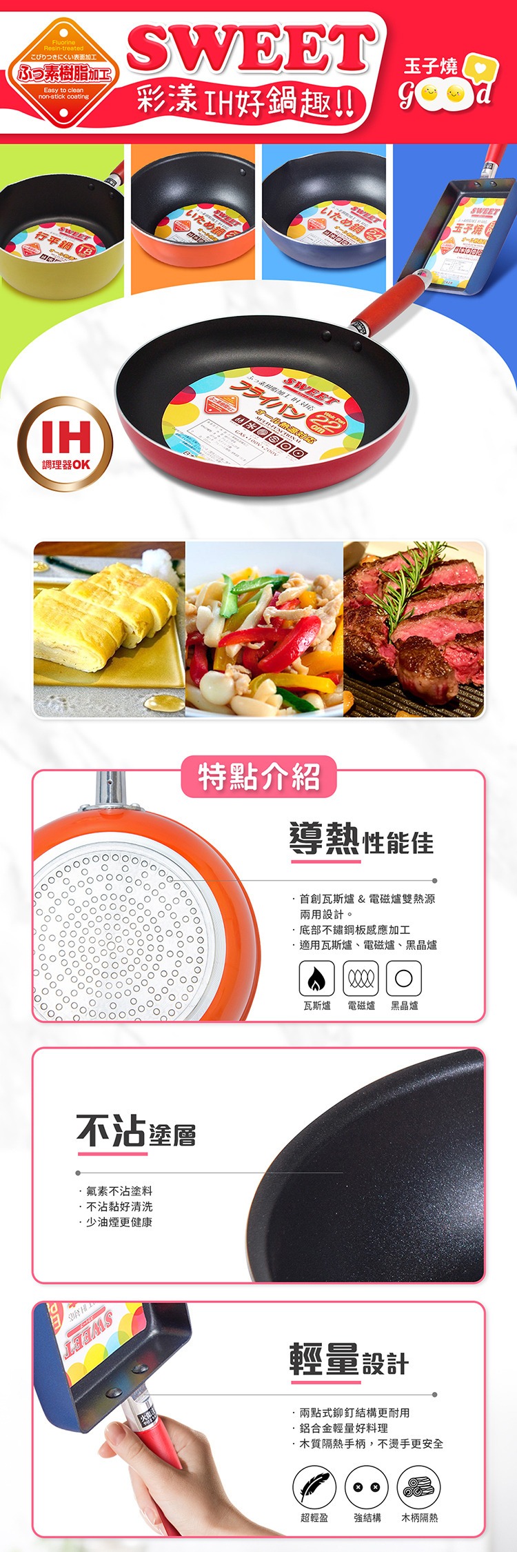 【彩漾】輕巧不沾萬用平底鍋（22cm，紅色）