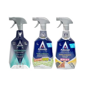 抑菌除污浴室廁所+橫掃油+除黴 【Astonish】 抑菌除污浴廁清潔劑 ( 750ml ) + 瞬效除黴去污清潔劑 (750ml) + 橫掃油污除油清潔劑 (750ml) , 各 1 瓶