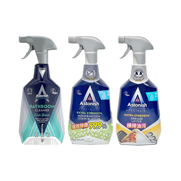 抑菌除污浴室廁所+橫掃油+除黴 【Astonish】 抑菌除污浴廁清潔劑 ( 750ml ) + 瞬效除黴去污清潔劑 (750ml) + 橫掃油污除油清潔劑 (750ml) , 各 1 瓶