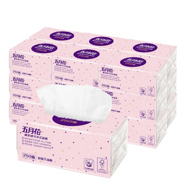【五月花】細柔感可沖式抽取面紙衛生紙 × 18 包 / 箱（ 250 抽 / 包 ）